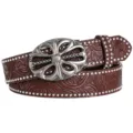 Western embossed leather belt with vintage floral silver buckle and metal studs design - Coffee / 110cm