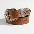 Vintage brown leather belt with embossed leaf patterns and carved metal buckle - 120 / Khaki