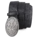 Western retro black leather belt with floral embossing and carved oval metal buckle - 120cm / Black
