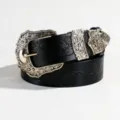 Vintage black leather belt with ornate floral engraved metal buckles and leaf embossing - 120 / Black