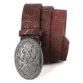 Vintage western cowboy belt with embossed peony pattern and carved silver buckle - 120cm / Burgundy
