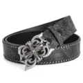 Black embossed leather belt with vintage gothic cross silver buckle and rivet edge design main - Style A Black / 120cm