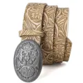 Western cowboy leather belt featuring intricate floral embossing and a carved silver buckle - 120cm / Khaki