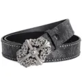 Vintage black leather belt with ornate silver cross buckle and embossed floral pattern design. - Style B Black