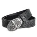 Black embossed western leather belt with vintage floral oval buckle and beaded edge. - Style D, Black