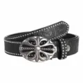 Black western leather belt with metal floral buckle and studded edges for casual retro style. - Black / 110cm