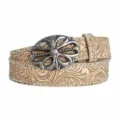 Beige embossed western leather belt with rhinestone studs and vintage silver buckle. - Beige / 110cm