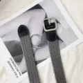 Grey woven stretch canvas belt with black pu leather ends and silver metal buckle detail - Square Buckle / 105cm / Gray