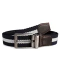 Elastic woven belt with rotating metal buckle and blue white stripes, versatile detail view. - Silver Buckle - Blue/White/Blue
