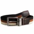 Detailed view of the braided elastic belt featuring a metal rotating buckle and leather tips. - Silver Buckle - Coffee/Khaki/Beige