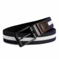 Men women woven elastic belt with stripe, black metal buckle and casual daily design. - Black Buckle - Blue/White/Blue / 110cm