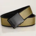 Macro view of men's outdoor sports woven belt featuring a sleek black plastic flat buckle - 120 / Khaki & Black