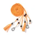 Orange braided faux suede waist belt with tassels, wood beads, and chic boho metal charms. - Yellow