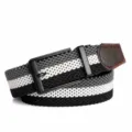 Stretch woven belt for men and women, casual striped design with stylish metal buckle. - Black Buckle - Black White Gray / 110cm