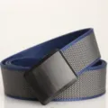 Close-up detail of men's outdoor sports belt with plastic buckle and woven texture - 120 / Gray with Blue Bottom