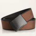 Close-up of men's sports belt with matte black plastic buckle and brown nylon strap - 120 / Brown with Black Base