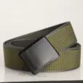 Detail view of durable woven nylon belt with matte black plastic buckle - 120 / Army Green with Gray Bottom