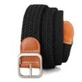 Black elastic woven belt with brown leather trim and silver metal pin buckle for casual daily wear. - 105cm / Black
