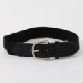 Close-up of black elastic baseball belt with silver buckle and PU leather ends - 105cm / Black
