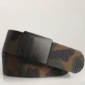 Macro view of men's outdoor camouflage nylon belt featuring a matte black plastic buckle - 120 / Camouflage Brown