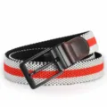 Casual woven elastic belt with black metal buckle and stylish red and white stripe design. - Black Buckle - White/Red/White