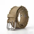 Wasteland style distressed canvas belt detail, khaki frayed edge and metal double buckle. - Khaki