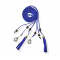 Blue braided waist belt for women with elegant tassels, wooden beads and vintage metal charms. - Blue