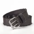 Distressed canvas belt with metal double-prong buckle and frayed edge details for casual wear. - Black