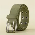 Military army green canvas belt for men featuring double-prong buckle and metal eyelets - 105cm / Green