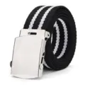 Black canvas belt with white stripes and metal buckle, versatile tactical trouser belt for daily wear. - 110cm / Black and White