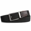 Black woven elastic belt with silver metal rotating buckle and brown leather tip detail. - Black (Silver Buckle)
