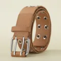 Durable brown canvas belt for men with double pin buckle and vintage metal grommets - 105cm / Khaki