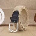 Woven elastic belt for men and women, khaki stretch fabric with black leather and silver buckle. - Beige (Silver Buckle)