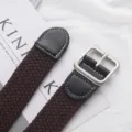 Canvas woven belt for women, elastic stretch casual pin buckle design with stylish leather ends. - Square Buckle / 105cm / Coffee