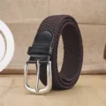 Braided elastic belt variant, casual stretch woven belt with stylish pin buckle in dark brown color. - Coffee With Silver Buckle