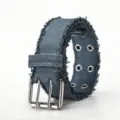 Distressed canvas belt with double pin buckle and metal eyelets for casual streetwear style. - Blue