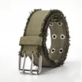 Distressed canvas belt, military green frayed fabric design with double pin metal buckle. - Army Green