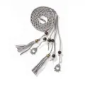 Grey braided waist belt with wooden beads and tassels, elegant women's boho accessory. - Gray
