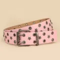 Close-up detail of pink punk leather belt with double grommets and metal star studs. - 110cm / Hot Pink