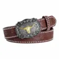 Close-up of western vintage brown leather belt featuring ornate silver buckle and metal studs. - Coffee / 110cm