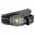 Close up of men punk style leather belt featuring metal studs and gold bull head buckle detail. - Black / 110cm
