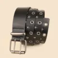 Punk style black leather belt with double pin buckle, metal eyelets and star studs for jeans. - 110cm / Black