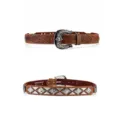 Brown Vintage Floral Tooled Genuine Leather Belt with Metal Buckle and Silver Studs M - Style A-03
