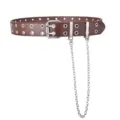 Women brown double grommet leather belt with metal chains, punk style jeans decorative belt. - With Chain / Coffee