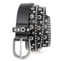 Close-up of black leather belt featuring sparkling rhinestones, metal eyelets, and buckle. - 105cm / Black