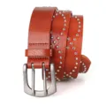 Vintage brown PU leather belt with a double-prong buckle and silver rivet stud details - 110cm / Brown