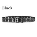 Punk style black leather belt with double grommets and metal rivets for trendy daily wear. - Black