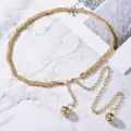 Elegant gold metal mesh waist chain belt featuring decorative hollow spherical pendants - Wrapped Golden Chain Style / Gold