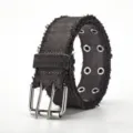 Black distressed canvas belt with double pin buckle and metal eyelets, casual streetwear style. - Coffee