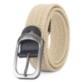 Beiger elastischer gewebter Leinwandgürtel mit robuster silberner Metallschnalle - 110cm / Silberverschluss / Beige